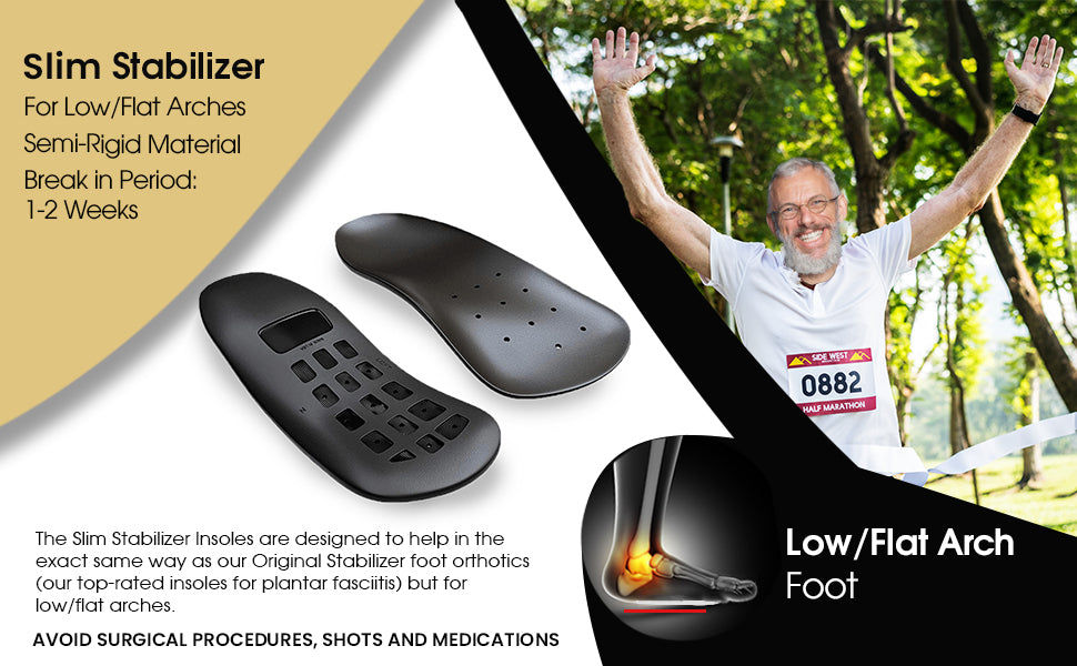 Orthotic Insoles - Slim for low to flat arches. The Slim insoles were designed to relieve those suffering from foot ailments with medium to high arches. Treat foot pain. Good for Feet.