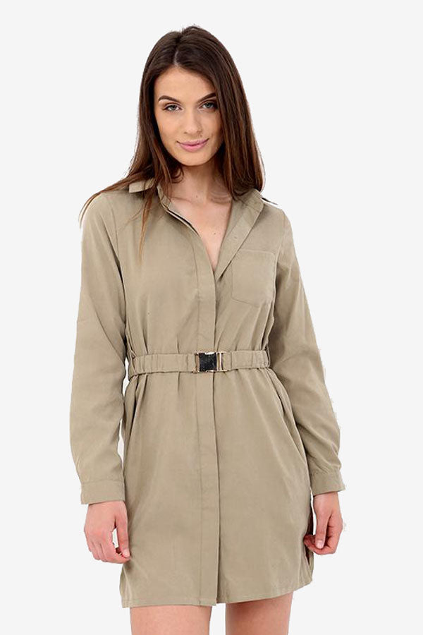  Khaki  Shirt  Dress  With Detachable Belt  Shirt  Dress  Ivykove