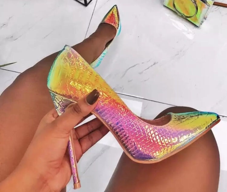 multicolored snake print shoes