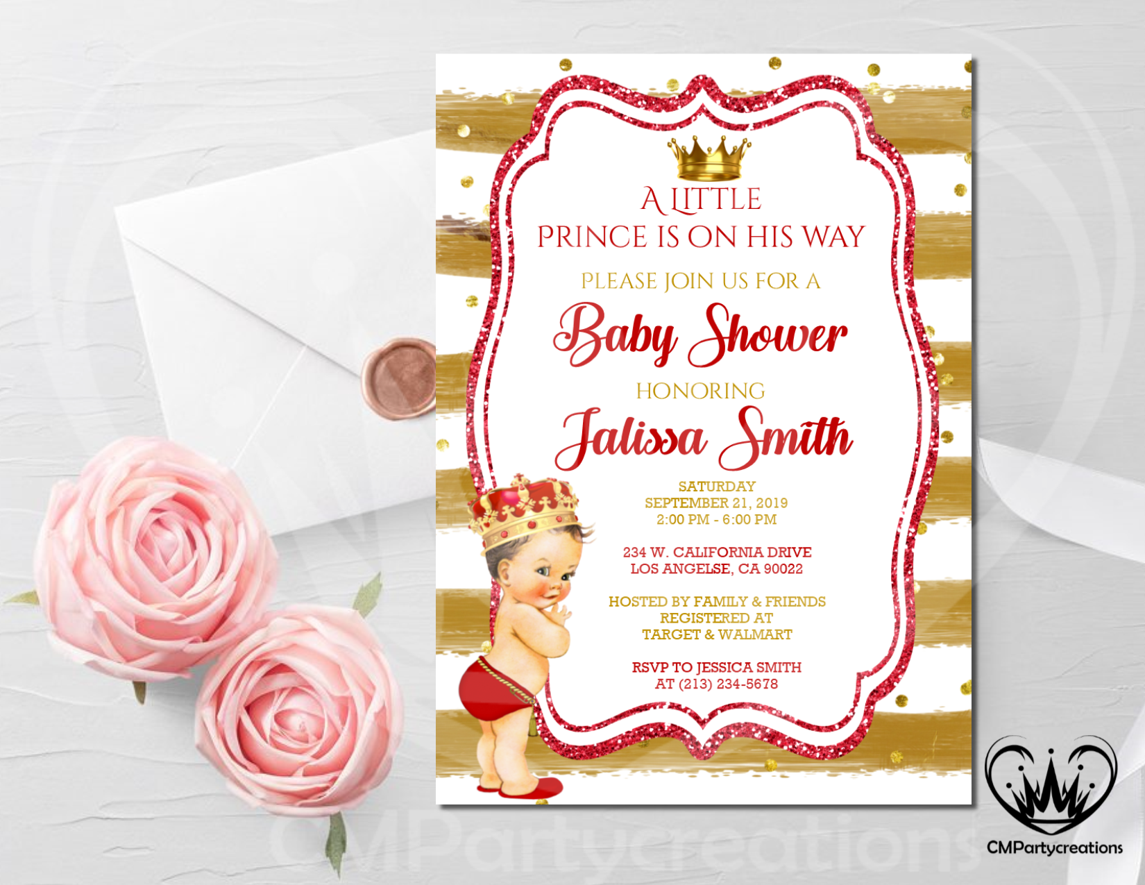 red and gold baby shower invitations