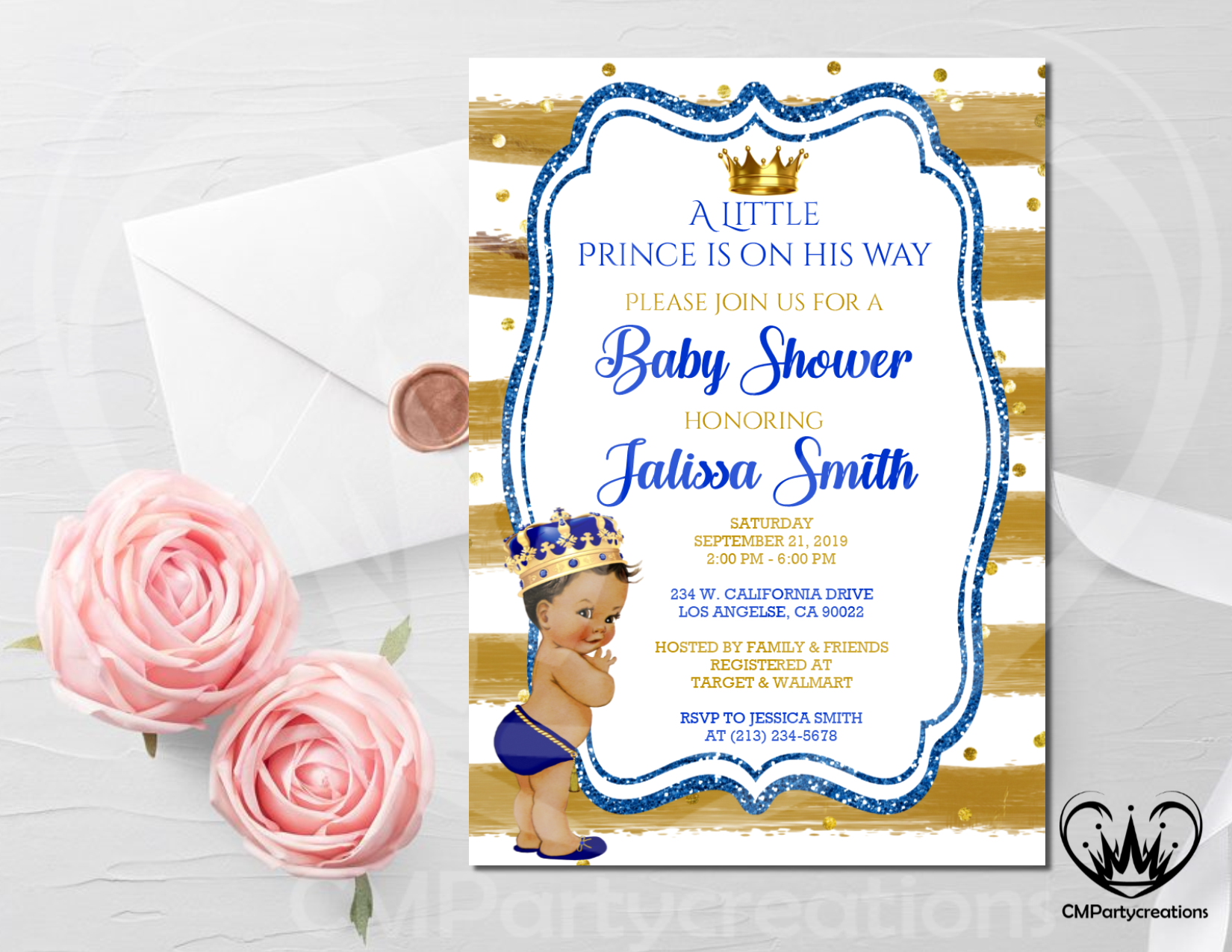 royal blue and gold baby shower invitations