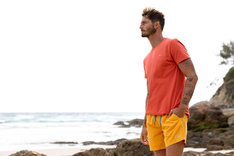 Paprika Red Men's Organic Cotton T-Shirt paired with Sunny Solid Men's Eco Swim Short