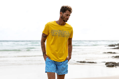 Mellow Field Print Men's T-Shirt Styled with Blue Water Spot Men's Eco Swim Short
