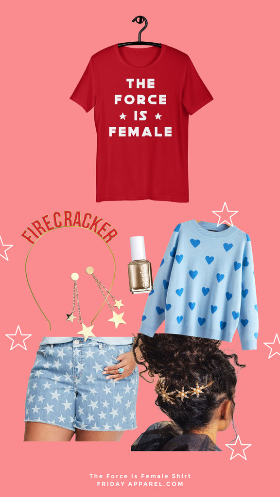 friday apparel the force is female 4th of July outfit aesthetic gold nail polish blue star cardigan firecracker headband plus size star shorts black hair star clips star earrings