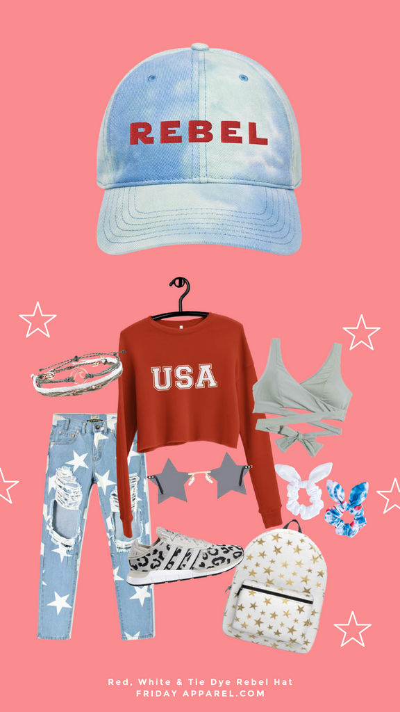 friday apparel tie dye rebel hat usa cropped sweater gold star backpack swimsuit bikini top 4th of July scrunchies pure vida bracelet stack star ripped jeans leopard Adidas star sunglasses