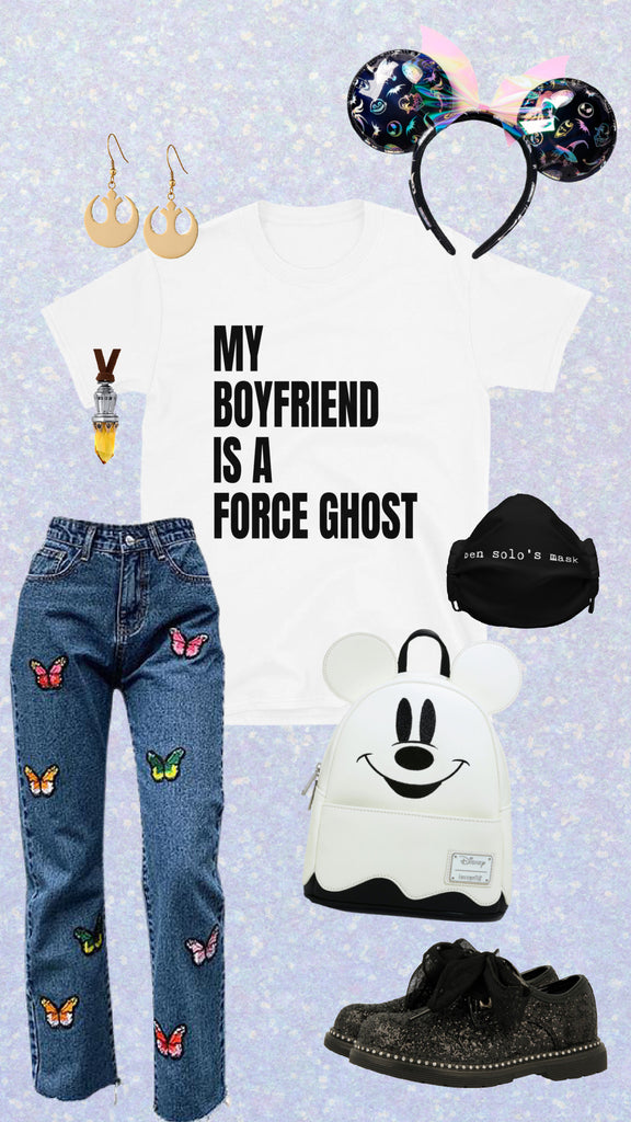 my boyfriend is a force ghost shirt halloween disney outfit ideas Mickey ghost lounge fly backpack haunted mansion ears butterfly embroidered denim jeans ben solo's face mask shop friday apparel Star Wars