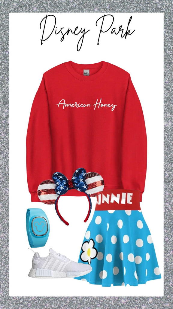 friday apparel disneyland disneyworld outfit summer 4th of July Minnie Mouse skirt 4th of July mickey ears white nike blue magic band American honey sweatshirt