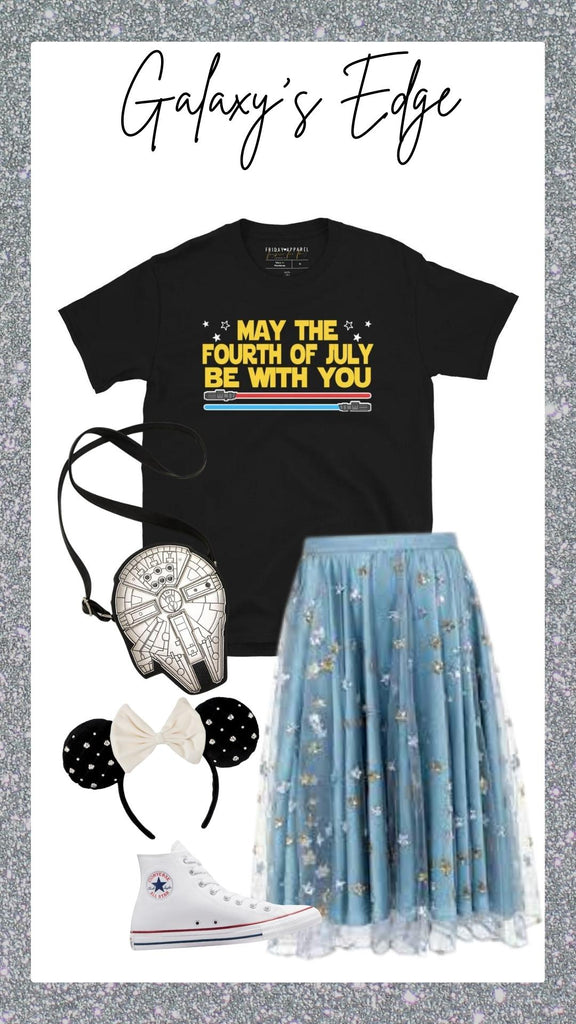 friday apparel blog may the Fourth of July be with you millennium falcon bag loungefly Star Wars ears galaxy white converse blue star skirt batuu