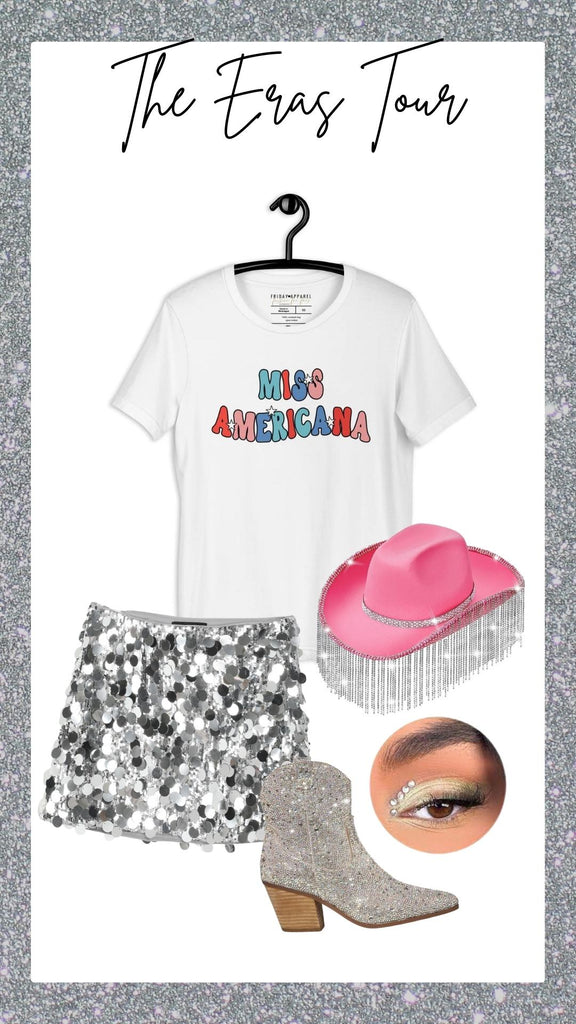 friday apparel blog the eras tour Taylor Swift swiftie outfit fashion miss Americana shirt pink bejeweled cowboy hat glitter metallic silver skirt sparkly cowboy boots makeup eye shadow sparkles