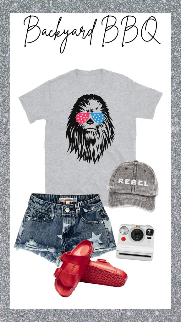 friday apparel blog backyard bbq outfit summer 4th of July red white blue Chewbacca shirt red Birkenstocks polaroid rebel hat star shorts Star Wars Han Solo