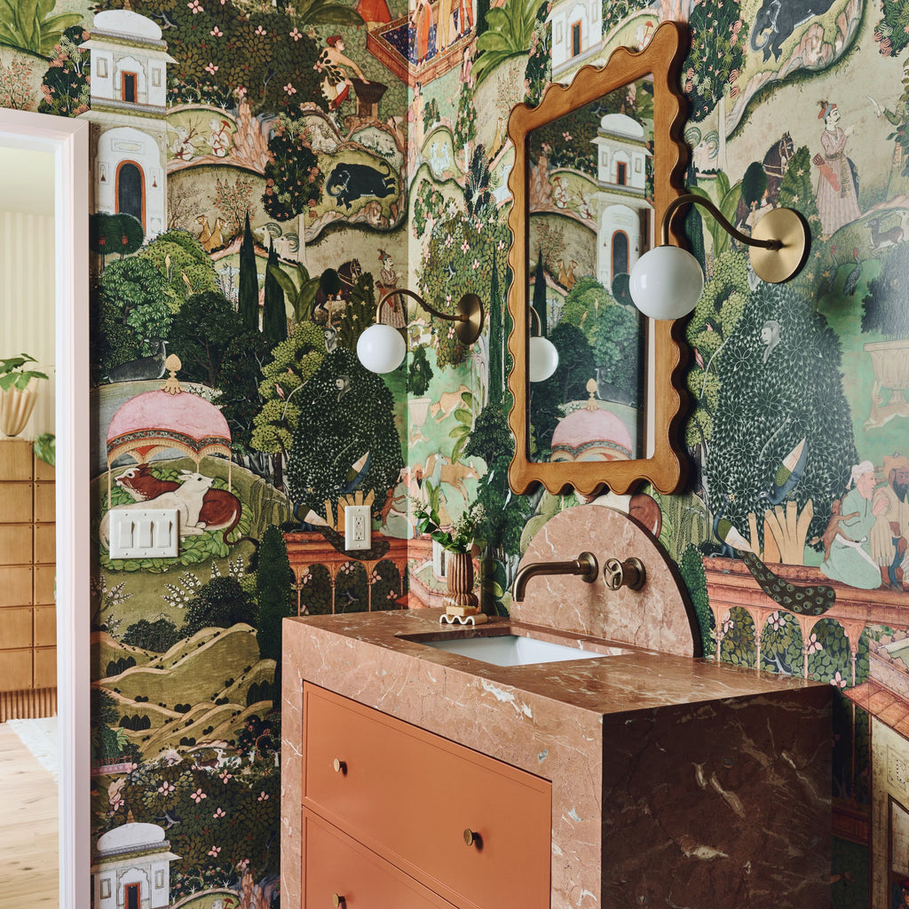 Josephine Petite Sconce by Cedar & Moss shown in Heirloom Brass finish. Interior design by Sarah Sherman Samuel.