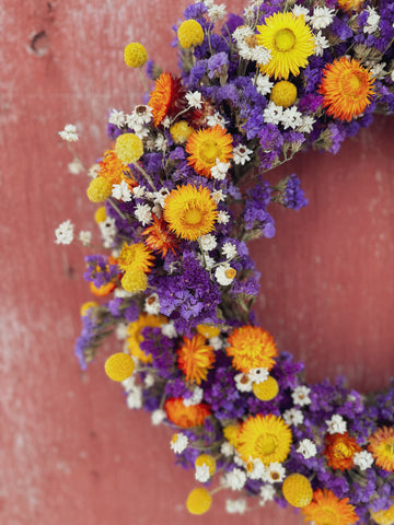 Colourful dried flower wreath, image courtesy of Nikki @ladyshatfarm