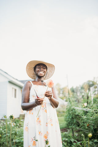 Akos in the garden, photo provided by re.Planted Farm & Floral Studio for West Coast Seeds