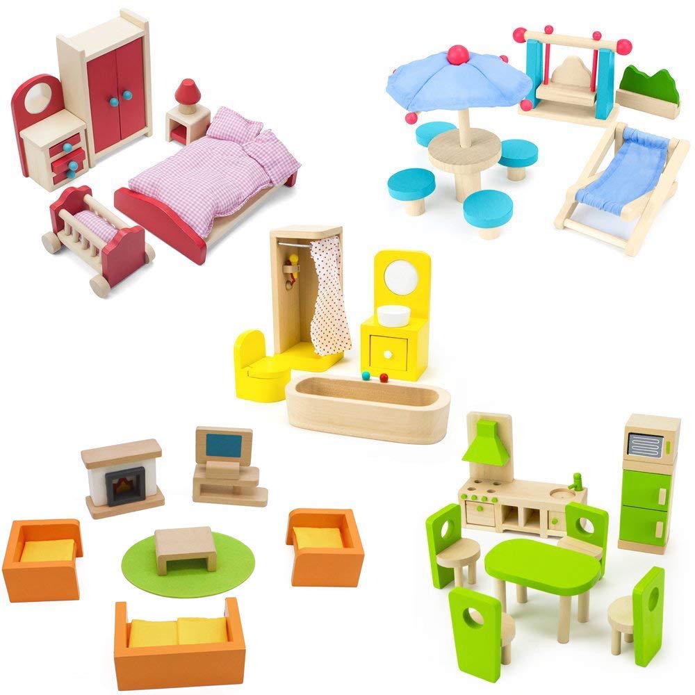 Wooden Dollhouse Furniture Set 42 Pcs 5 Rooms Fully Furnish