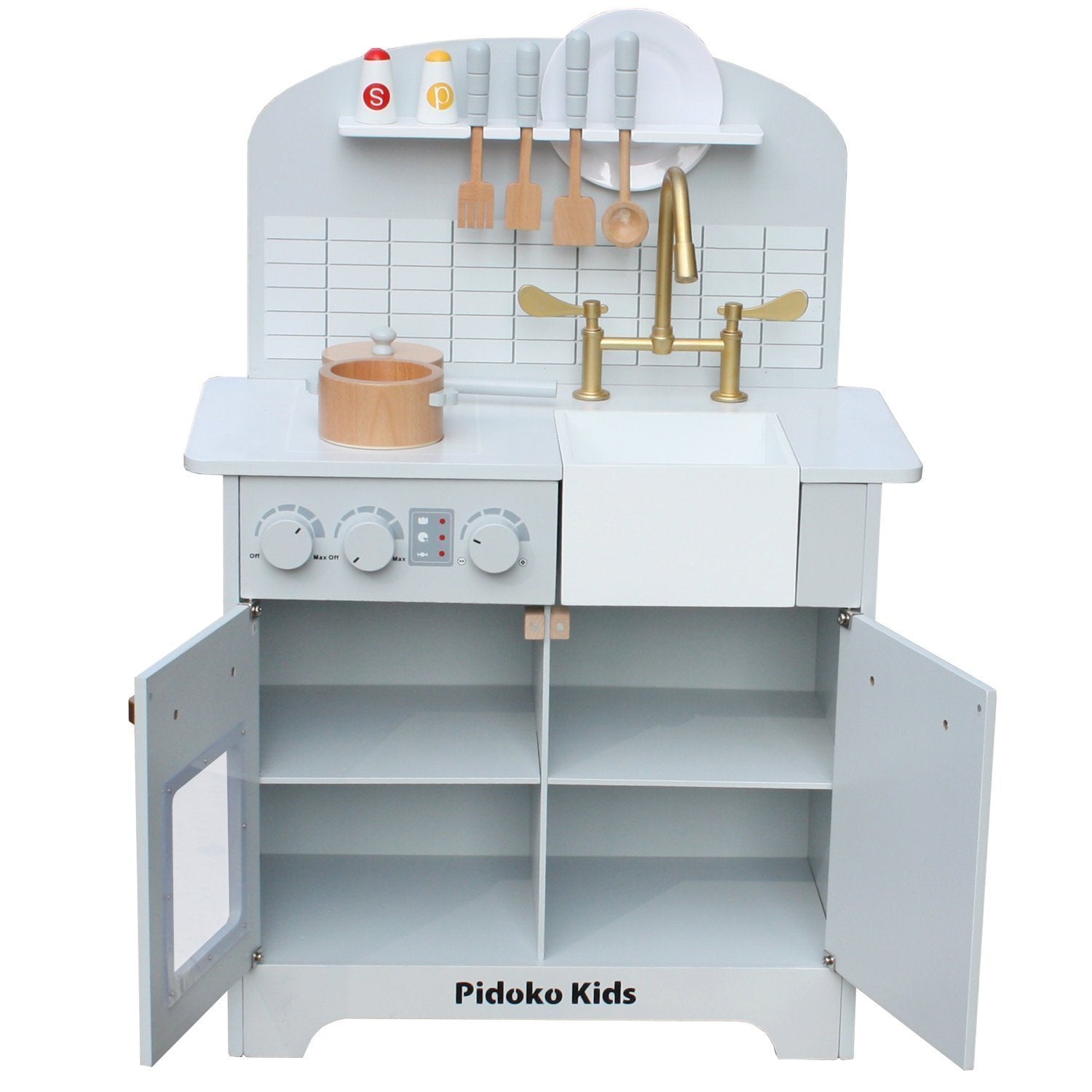 grey wooden toy kitchen