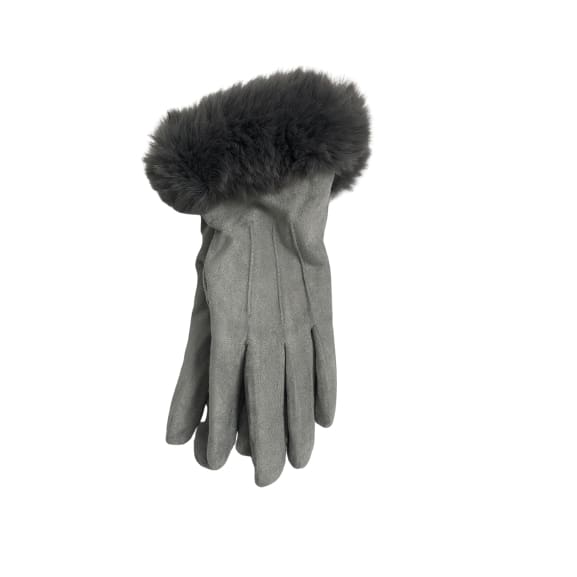 grey fur trimmed gloves