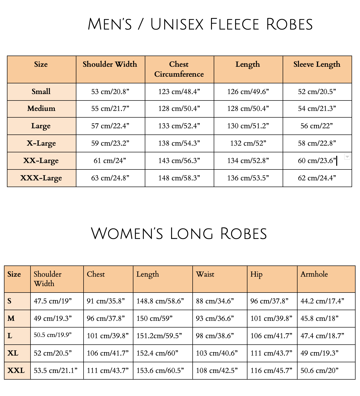 Women's Robe Size Chart