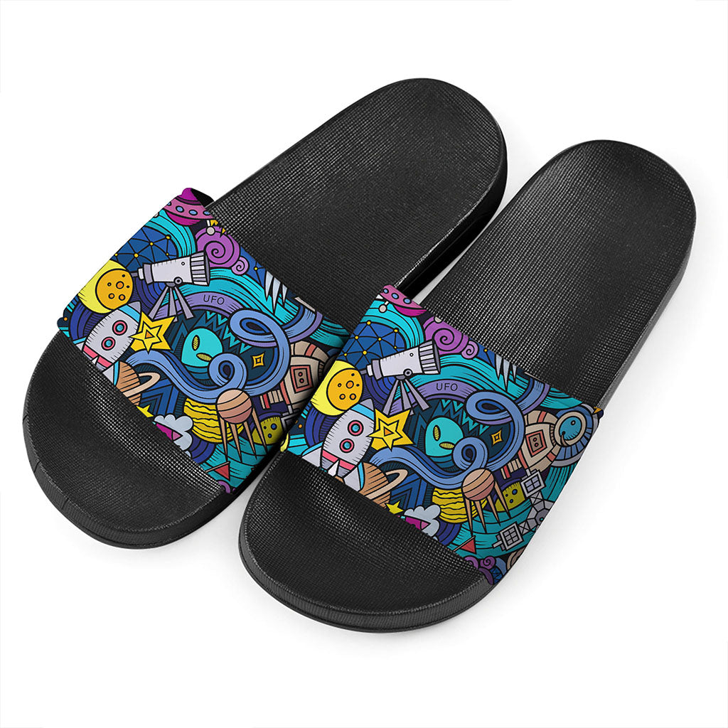 Abstract Cartoon Galaxy Space Print Black Slide Sandals