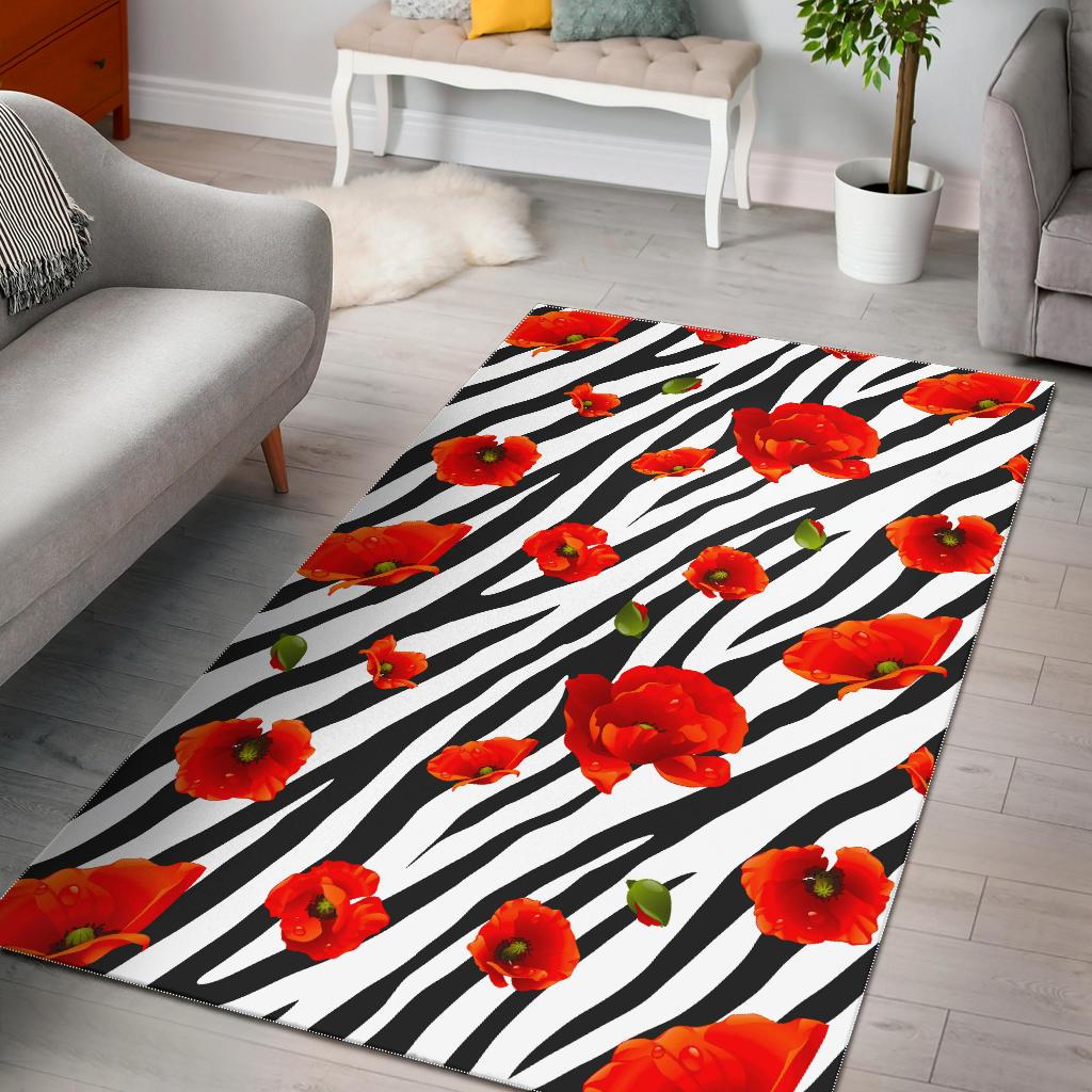 Black White Zebra Flower Pattern Print Area Rug Gearfrost