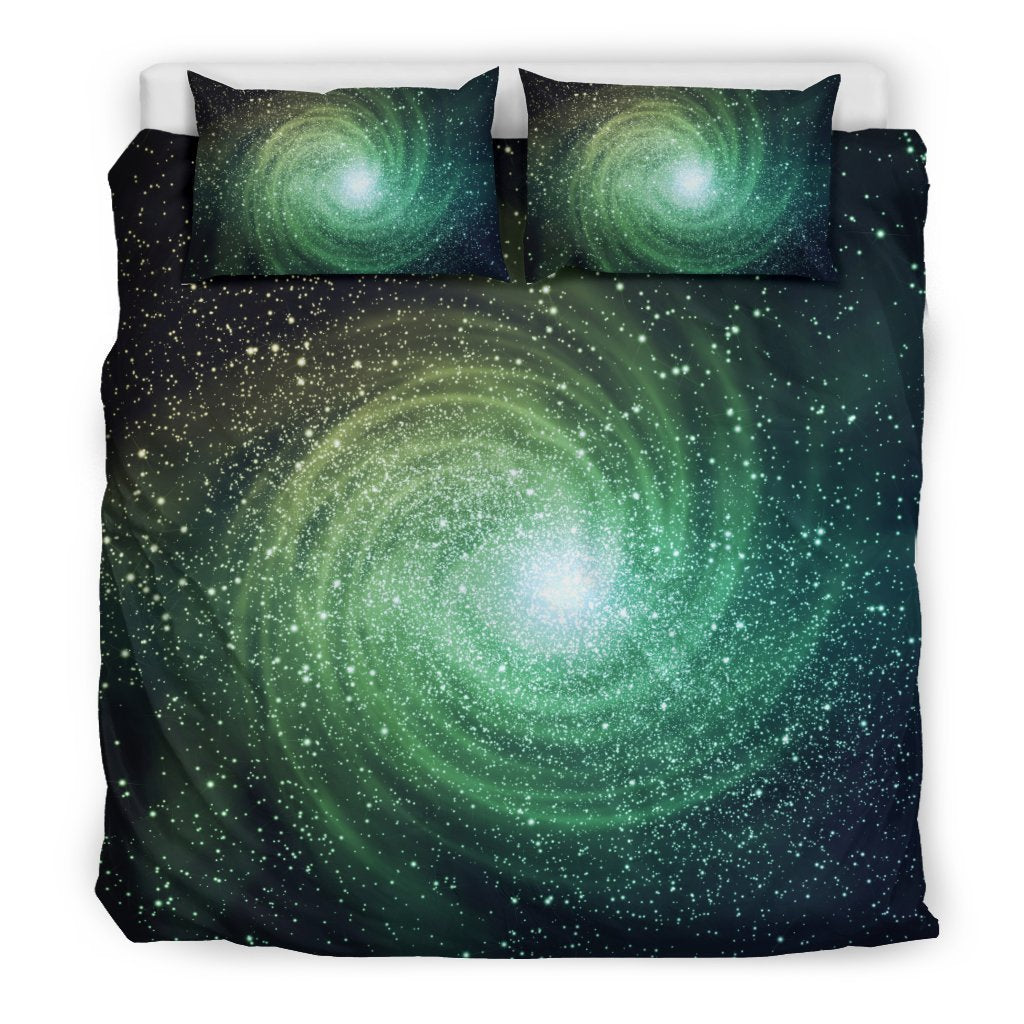 Bright Green Spiral Galaxy Space Print Duvet Cover Bedding Set