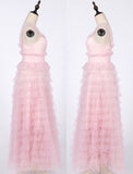 Pink tulle prom dress spaghetti straps