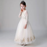 Long sleeve champagne lace and tulle flower girl dress satin kid's gown