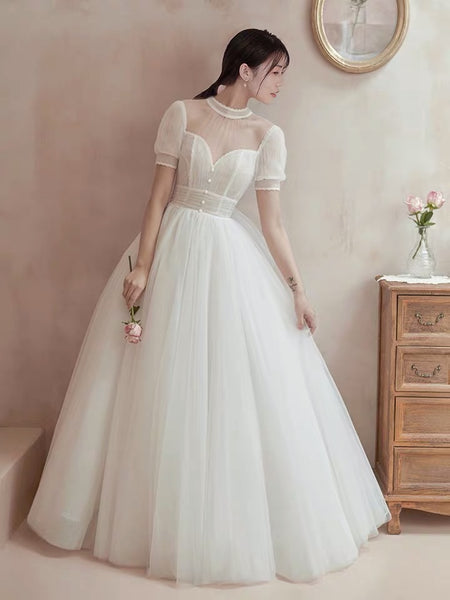 Short sleeve floor length long backless modest wedding dress – Beauty ...