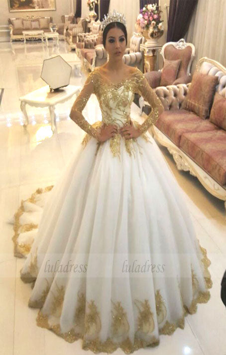 Gold Lace Appliques White Tulle Long Sleeves Bridal Ball Gown Wedding ...