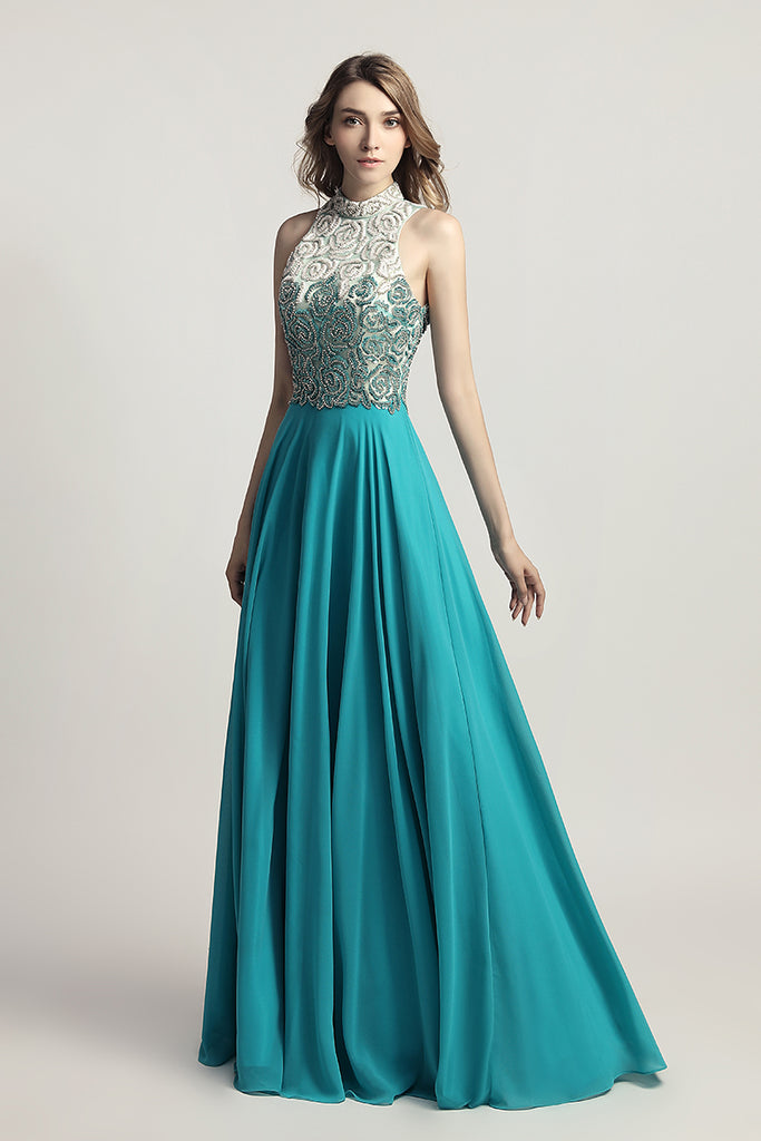 Aquamarine Chiffon Long Evening Dress Beading Top Prom Dress, LX419 ...