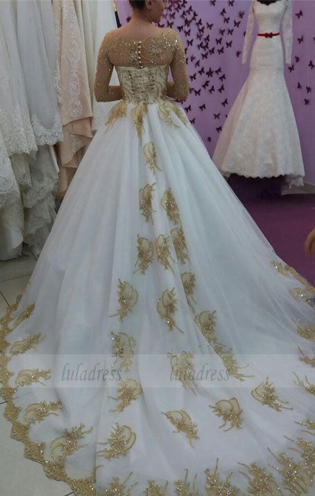 Gold Lace Appliques White Tulle Long Sleeves Bridal Ball Gown Wedding ...