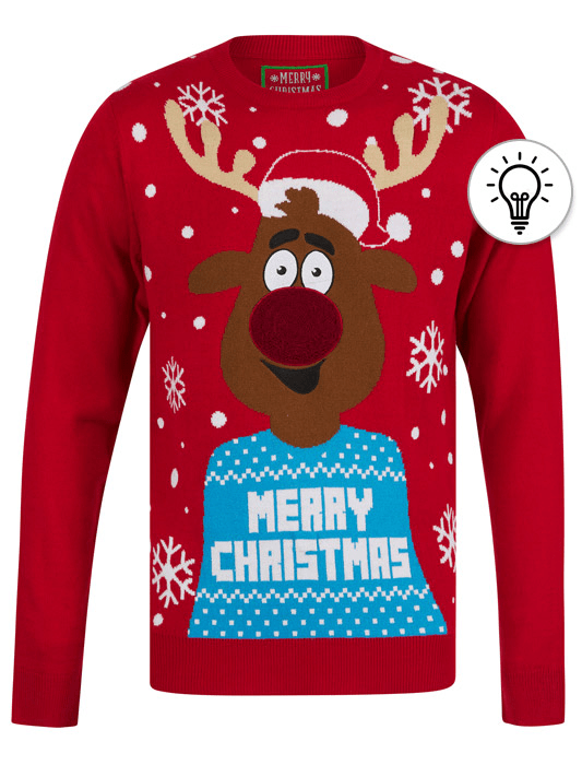 Jumpers Men's Xmas Rudolph Motif LED Light Up Novelty Knitted Christmas Jumper in George Red - Merry Christmas / S - Tokyo Laundry