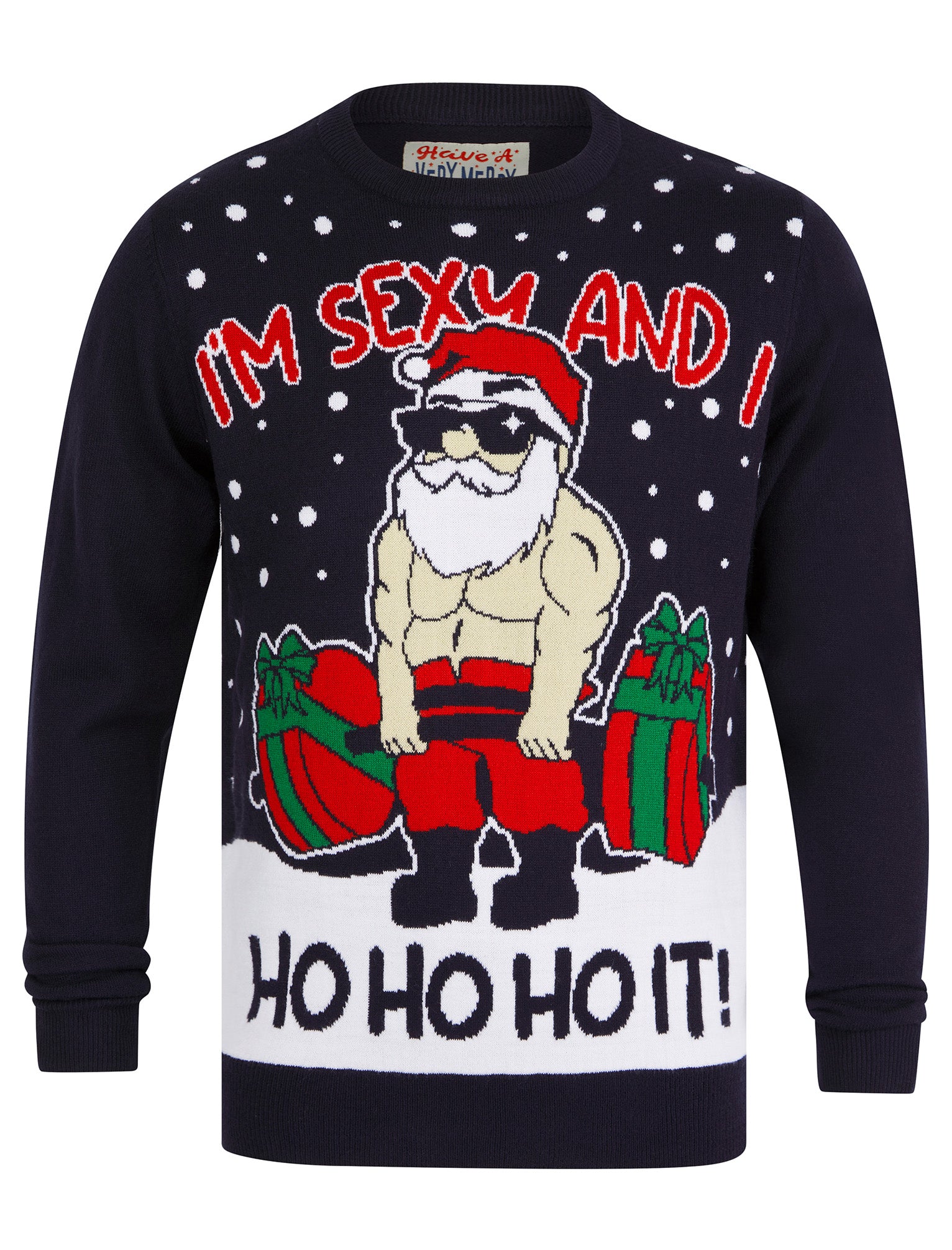 jumpers men's sexy and i ho it workout motif novelty knitted christmas jumper in ink - merry christmas / m - tokyo laundry