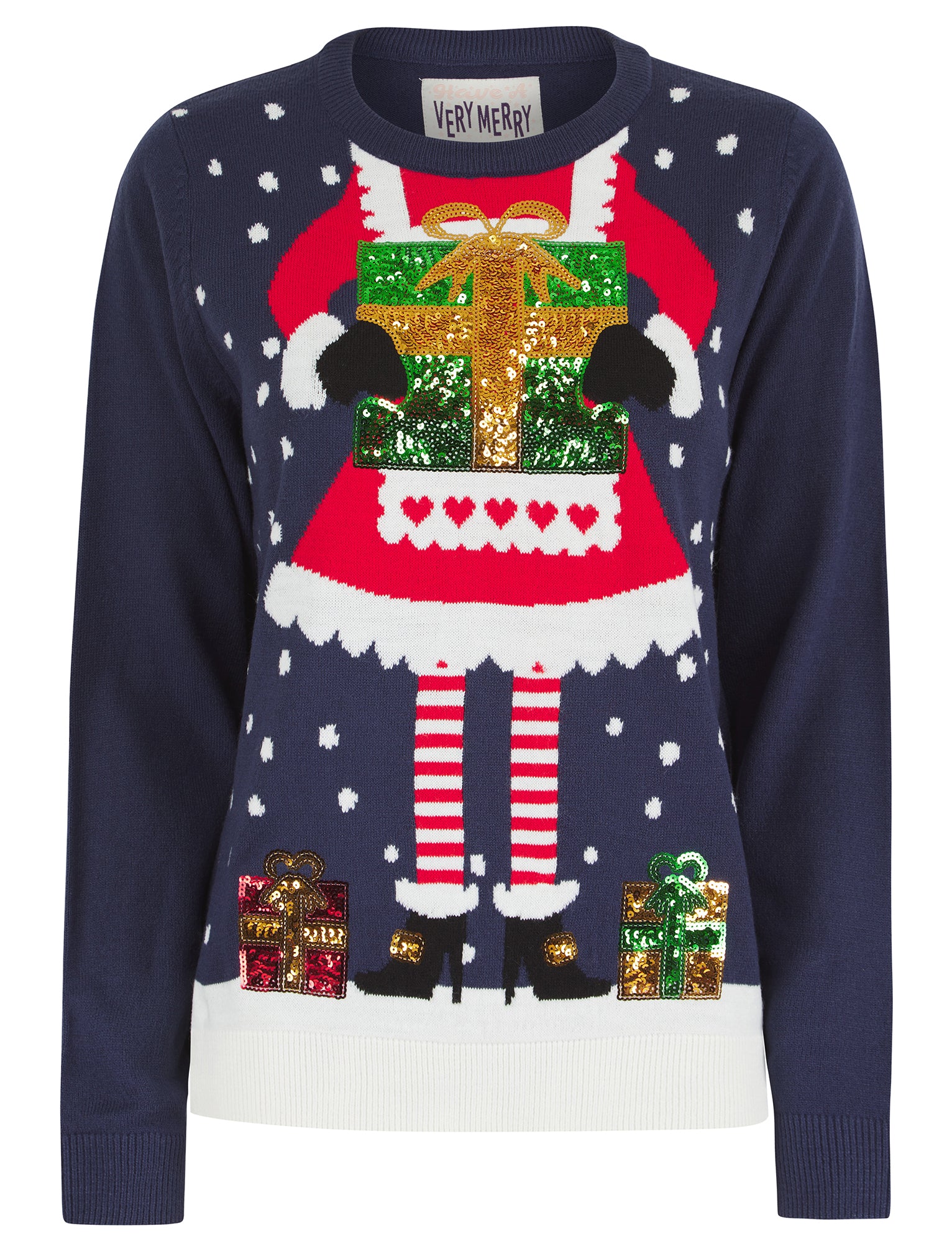 jumpers women’s mrs kringle motif novelty sequinned christmas jumper in eclipse navy - merry christmas / 12/m - tokyo laundry