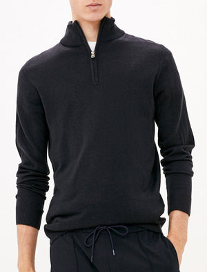 Hitchcock Half Zip Neck Cashmilon Knit Jumper in Dark Navy - Kensington Eastside