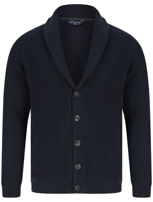 Hurd Rib Knit Cotton Rich Shawl Neck Cardigan in Navy - triatloandratx