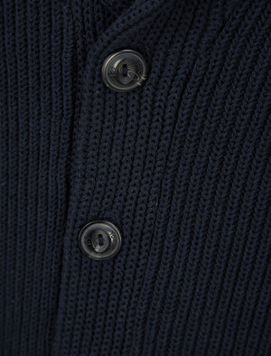 Hurd Rib Knit Cotton Rich Shawl Neck Cardigan in Navy - triatloandratx