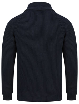 Hurd Rib Knit Cotton Rich Shawl Neck Cardigan in Navy - triatloandratx