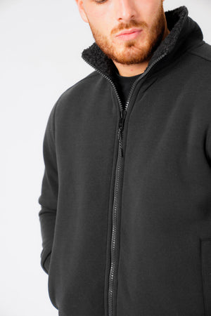 Percy Funnel Neck Zip Through Chunky Sweat With Borg Lining In Jet Black - Dissident