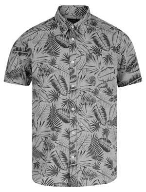 Kaveri Palm Leaf Print Short Sleeve Cotton Chambray Shirt in Light Grey - triatloandratx