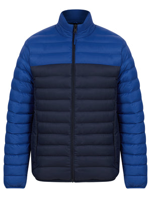 Inali Colour Block Funnel Neck Quilted Puffer Jacket with Fleece Lined Collar in Sodalite Blue - triatloandratx
