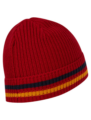 Men's Arnfinn Striped Rib Knit Beanie Hat in Barados Cherry - triatloandratx