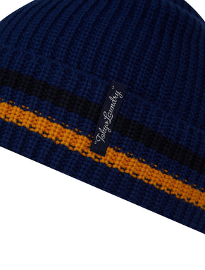 Men's Arnfinn Striped Rib Knit Beanie Hat in Twilight Blue - triatloandratx