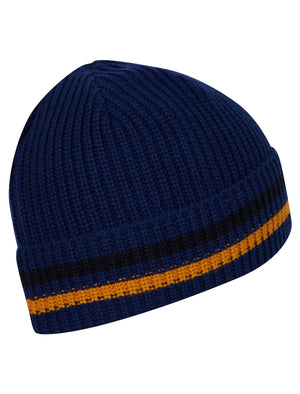 Men's Arnfinn Striped Rib Knit Beanie Hat in Twilight Blue - triatloandratx