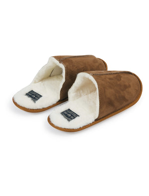 Howarth Faux Suede Centre Seam Mule Slippers with Faux Fur Lining in Tan - triatloandratx