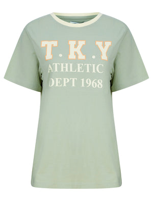 Daisy Motif Cotton Jersey Ringer T-Shirt in Aqua Gray - triatloandratx