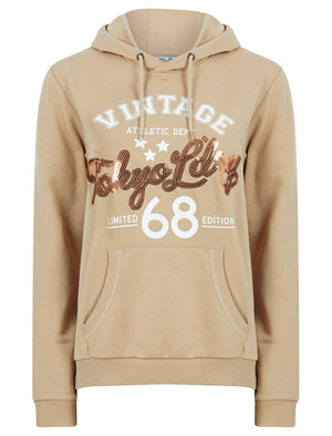 Sparked Sequin Motif Brushback Fleece Pullover Hoodie in Beige - triatloandratx