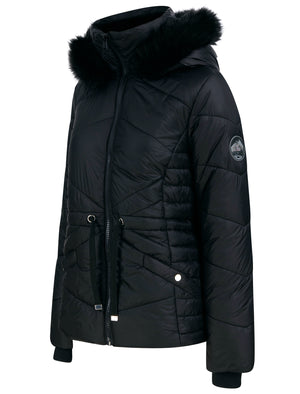 Featherington High Shine Quilted Hooded Puffer Jacket With Faux Fur Trim in Black - triatloandratx