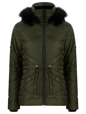 Featherington High Shine Quilted Hooded Puffer Jacket With Faux Fur Trim in Khaki - triatloandratx