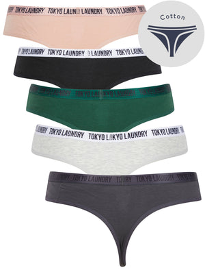 Bella (5 Pack) Cotton Assorted Thongs in Nine Iron / Light Grey Marl / Dark Green / Jet Black / Misty Rose - triatloandratx