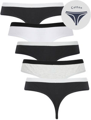 Tilly (5 Pack) Cotton Assorted Thongs in Jet Black / Bright White / Light Grey Marl - triatloandratx